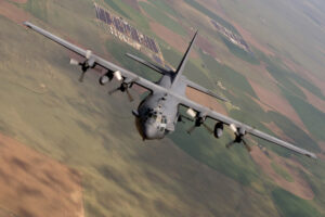 An AC-130 Spectre from the 16th Special Operations Squadron flies a training mission Aug. 11, 2010, at Cannon Air Force Base, N. M. (U.S. Air Force photo/Master Sgt. Jack Braden.)