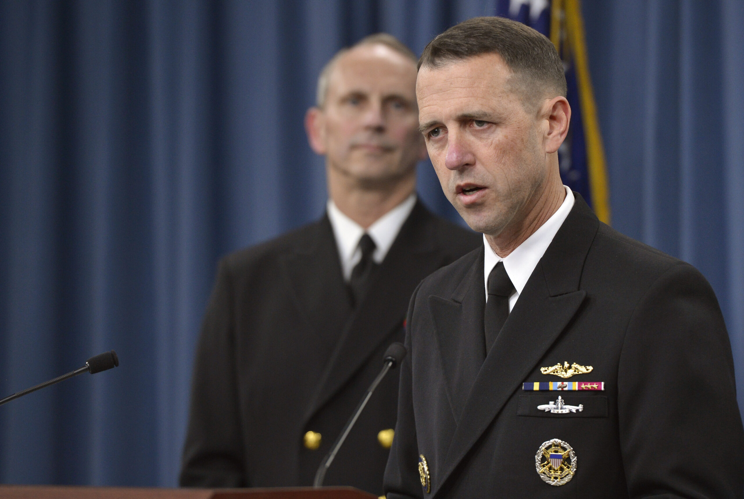 Chief of Naval Operations Navy Adm. and Navy Adm. and director of the Naval Nuclear Propulsion Program, brief Pentagon reporters on the Navy's investigation into allegations of compromised test materials. (DoD Photo by Glenn Fawcett.)