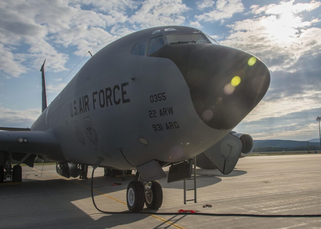 A 22d Air Refueling Wing KC-135 Stratotanker from McConnell Air Force Base, Kan., is prepped for an exercise Amalgam Dart 15-2 aerial refueling mission May 29, 2015, at Eielson AFB, Alaska. During Amalgam Dart, U.S. Air Force KC-135s, alongside Royal Canadian Air Force CC-130T Hercules and CC-150T Polaris tanker crews, had numerous opportunities to practice bilateral aerial refueling with aircraft ranging from U.S. Air Force F-15 Eagles and RCAF CF-18 Hornets, to U.S. Air Force F-22 Raptors, an E-3 Sentry (AWACS) and a B-52H Stratofortress. (U.S. Air Force photo by Staff Sgt. Benjamin W. Stratton.)