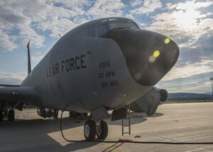 A 22d Air Refueling Wing KC-135 Stratotanker from McConnell Air Force Base, Kan., is prepped for an exercise Amalgam Dart 15-2 aerial refueling mission May 29, 2015, at Eielson AFB, Alaska. During Amalgam Dart, U.S. Air Force KC-135s, alongside Royal Canadian Air Force CC-130T Hercules and CC-150T Polaris tanker crews, had numerous opportunities to practice bilateral aerial refueling with aircraft ranging from U.S. Air Force F-15 Eagles and RCAF CF-18 Hornets, to U.S. Air Force F-22 Raptors, an E-3 Sentry (AWACS) and a B-52H Stratofortress. (U.S. Air Force photo by Staff Sgt. Benjamin W. Stratton.)