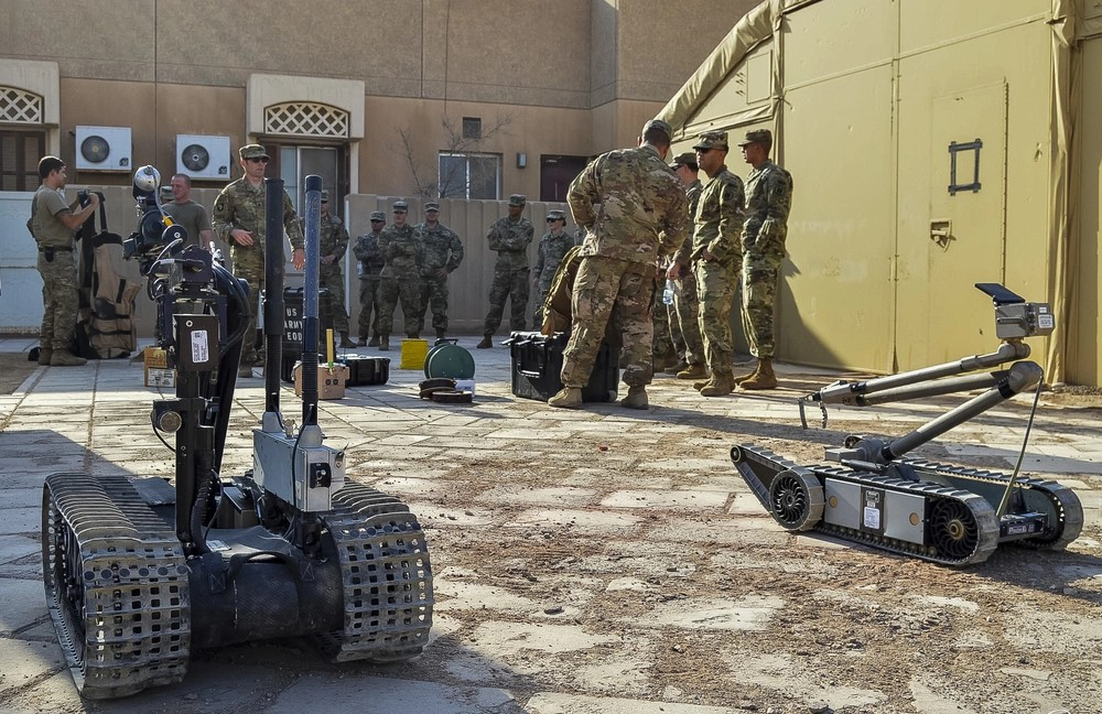 U.S. Army Reserve Soldiers from the 341st Military Police Company, of Mountain View, California, receive training on explosive ordnance disposal conducted by the 630th Ordnance Company in Eskan Village, Saudi Arabia, on Oct. 26, 2017. The training, which took place on a military installation during a course of 10 days, allowed Soldiers from the 341st MP Co. to better understand the EOD capabilities available to them, if needed. (U.S. Army photo by Spc. Danae V. Sym.)