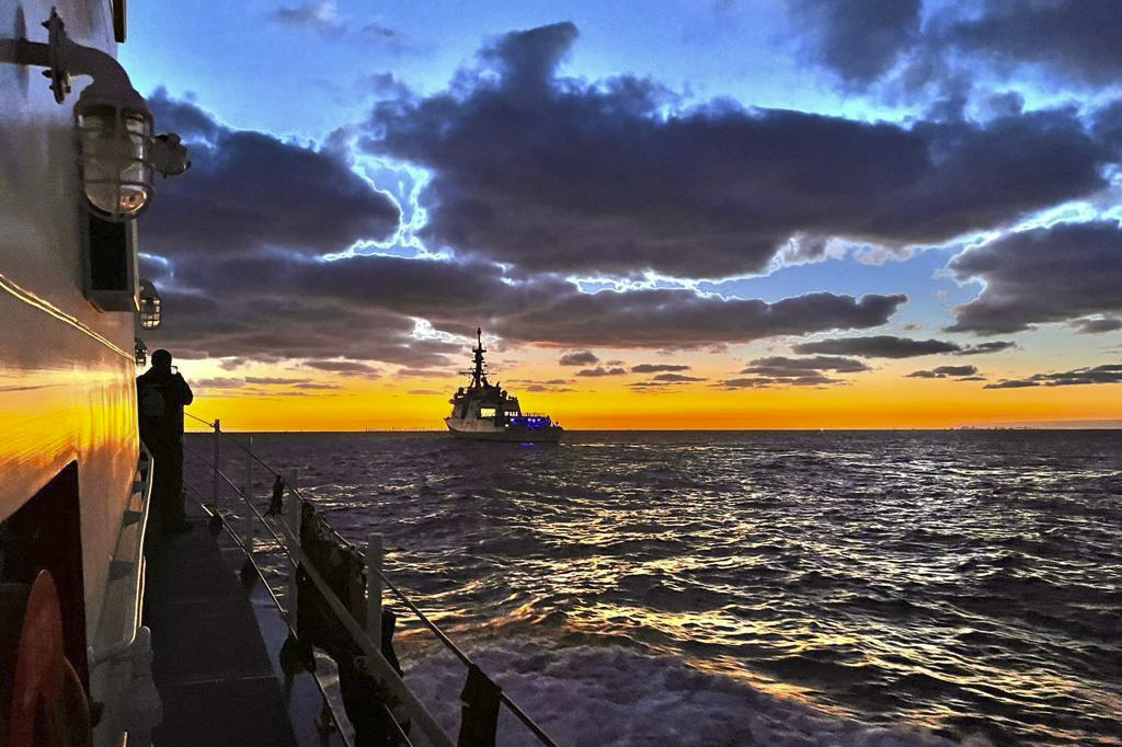 Coast Guard Cutter Manowar conducts routine operations with Coast Guard James in the Florida Straits, Jan. 17, 2023. The James is a National Security Cutter with advanced capabilities enabling its crew to enhance Coast Guard efforts to stop illegal migration at sea.