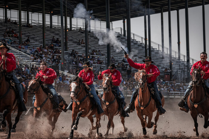 The 1st Infantry Division, Headquarters and Headquarters Battalion, Commanding Generals Mounted Color Guard attended the 127th annual Cheyenne Frontier Days in Cheyenne, Wyoming, July 26, 2024. The CGMCG uses this opportunity reach out to new communities through public events and cavalry demonstrations. (Army photo by Spc. Koltyn Omarah.)