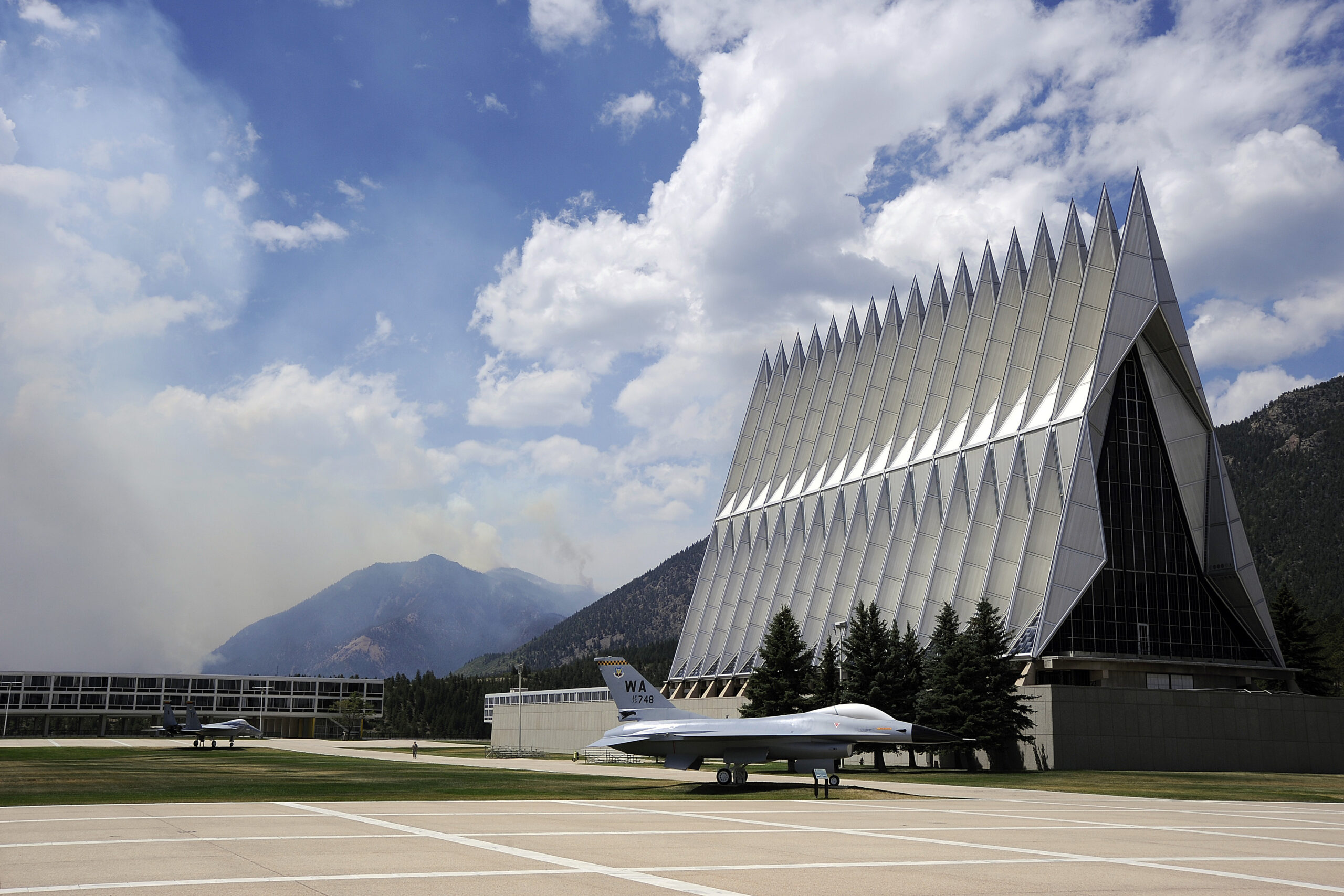 The Cadet Chapel is shown as the Waldo Canyon fire burns off the southern border of the U.S. Air Force Academy in Colorado Springs, Colo., June 27,  2012. Mandatory evacuations took place for all housing residents on the Air Force Academy as this fire continues to spread. (Photo by Michael Kaplan.)