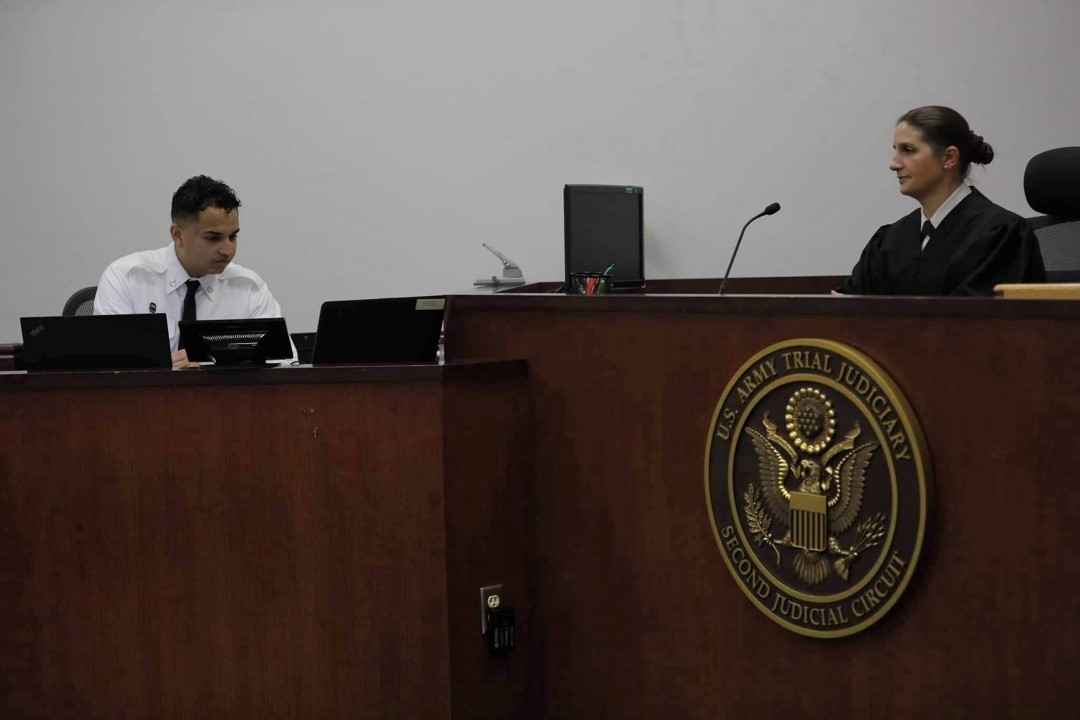 Pfc. and court reporter (left) of the 3rd Infantry Division and Colonel Army Reserve military judge of the 150th Legal Operations Detachment (right), presided over six motions at a hearing for a court-martial held at the main courthouse on Jan. 9, 2023, at Fort Stewart, Ga. (Photo by Capt. Nancy Drapeza.)