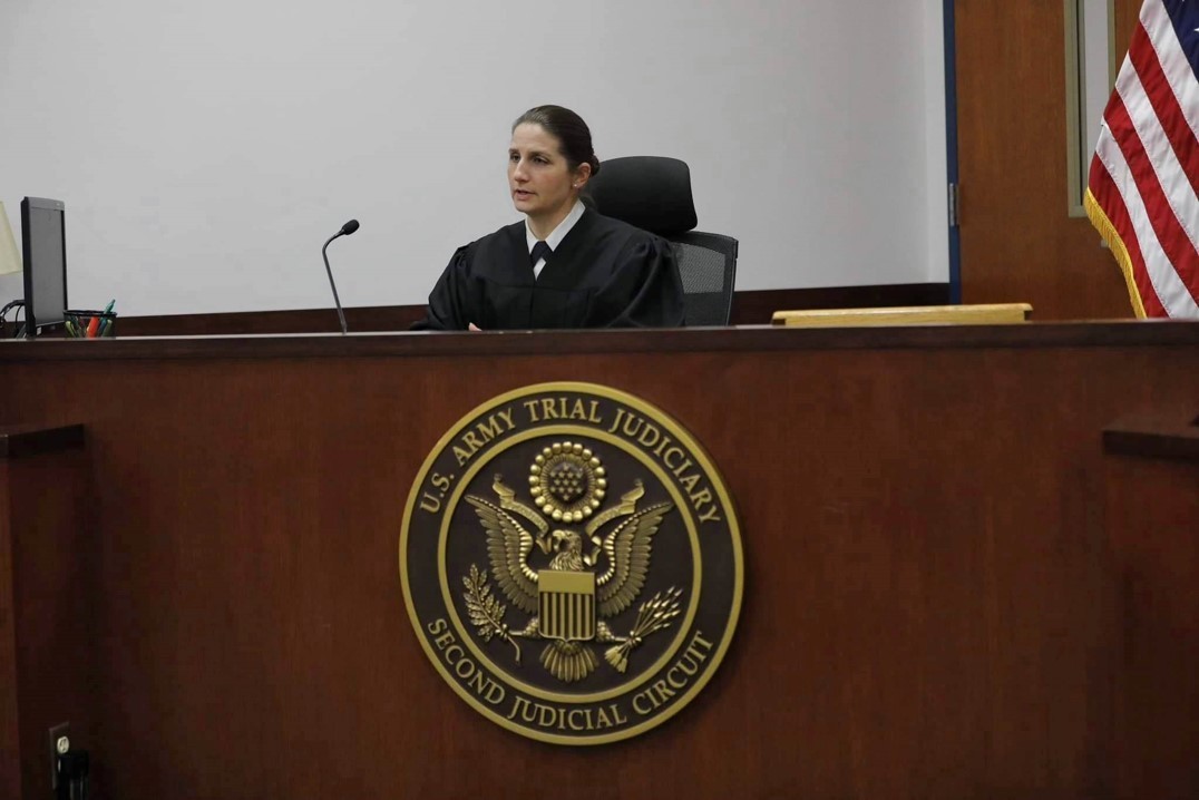 Army Reserve military judge and Colonel, of the 150th Legal Operations Detachment, presided over six motions at a hearing for a court-martial held at the main courthouse on Jan. 9, 2023, at Fort Stewart, Ga. (Photo by Capt. Nancy Drapeza.)