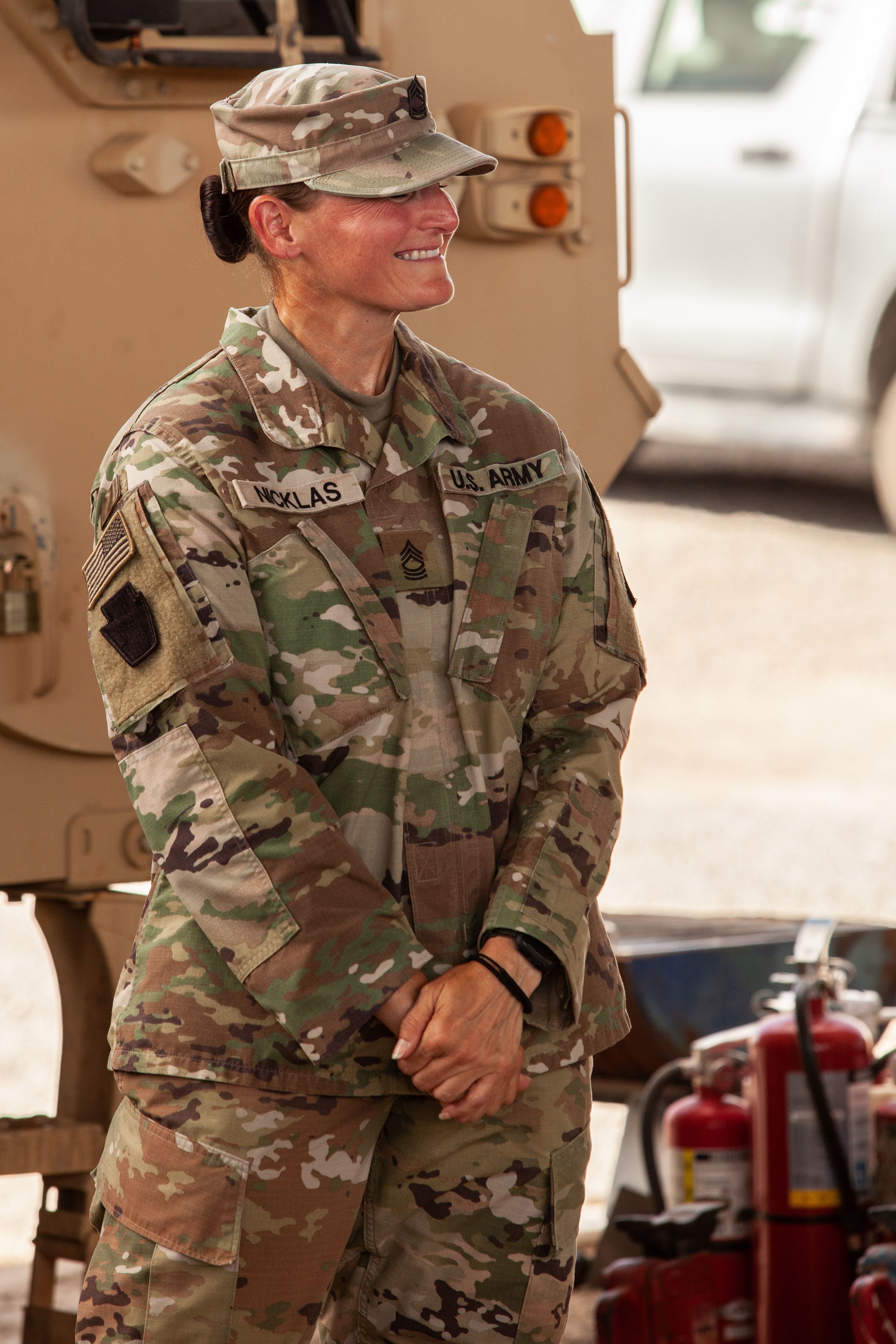 Congratulations to Impact Company’s newest E8, who has achieved the rank of Master Sgt. and was pinned outside the 328th FSC’s headquarters May 13, 2024, Camp Lemmonier, Djibouti. (Photo by CPT Owen Dietrich.)