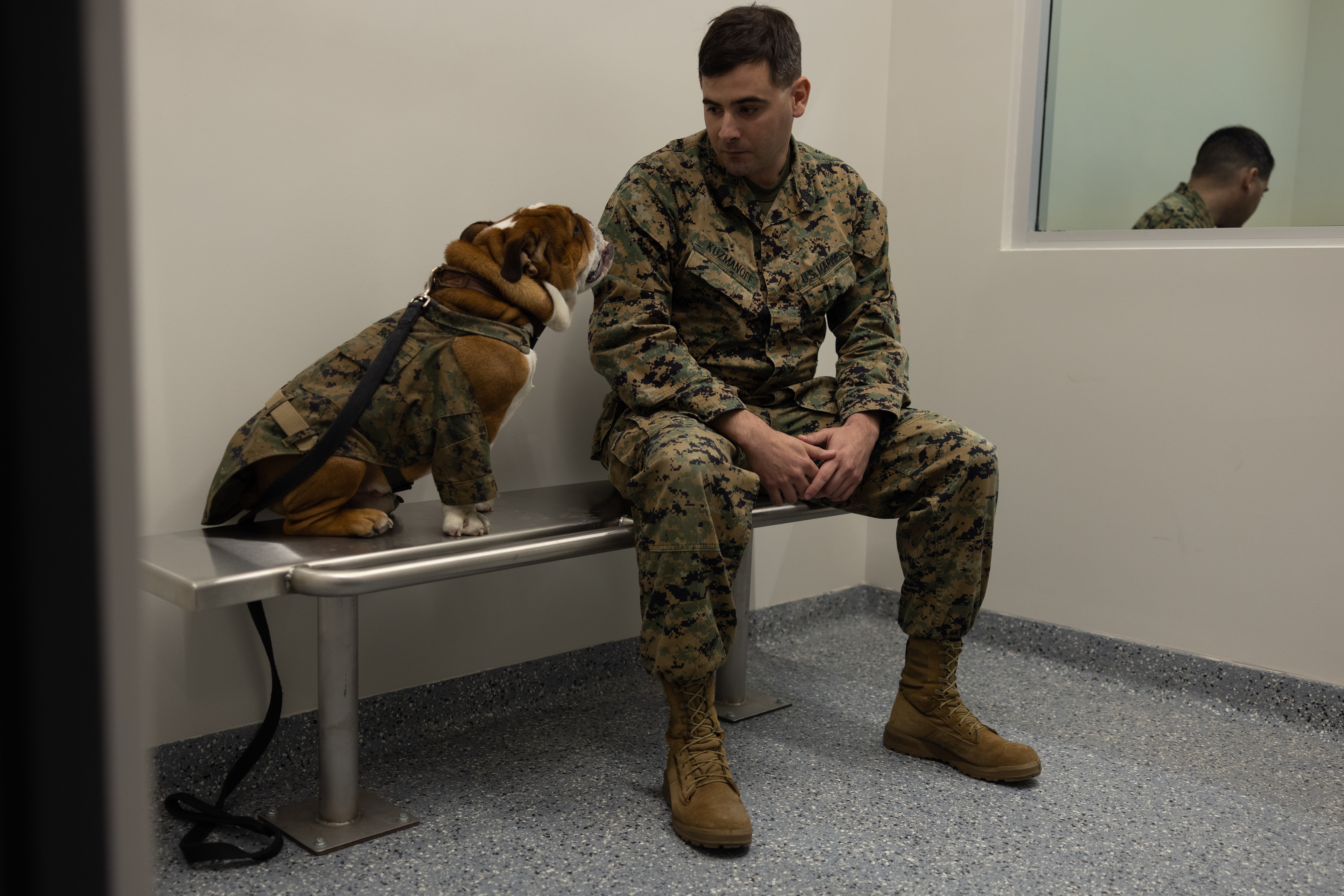 U.S. Marine Corps Lance Cpl. and the Marine Corps Recruit Depot San Diego and Western Recruiting Region mascot, learns about the Criminal Investigation Division from Master Sgt. and member of the Criminal Investigation Division, Headquarters and Service Battalion, at Marine Corps Recruit Depot San Diego, California, Dec. 10, 2024. The mascot’s job is to boost morale, participate in outreach work, and attend events and ceremonies. (U.S. Marine Corps photo by Lance Cpl. Jacob B. Hutchinson.)