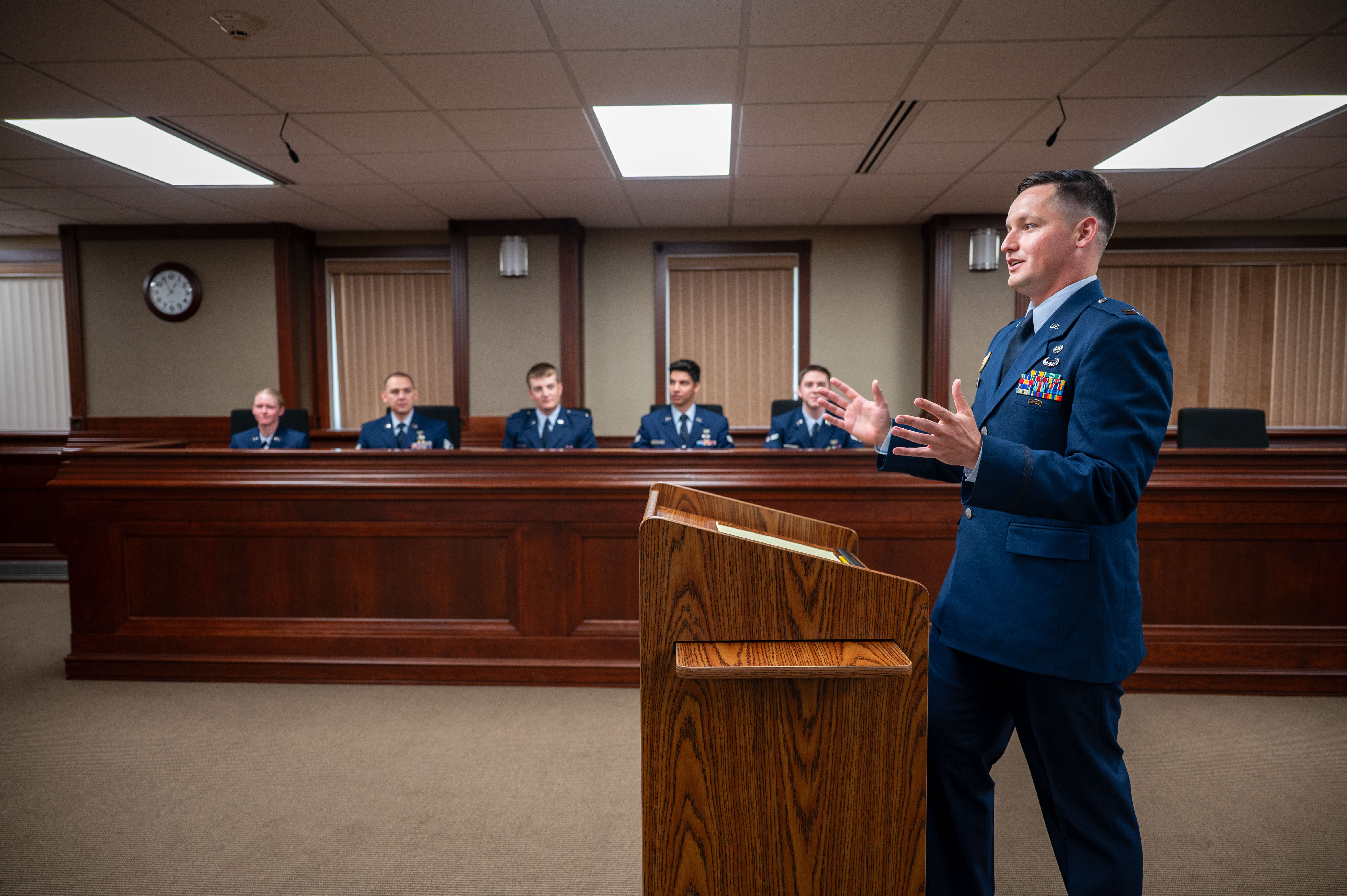 A 341st Missile Wing judge advocate speaks to a judge July 3, 2025, at Malmstrom Air Force Base, Mont. Judge advocates prosecute and defend Airmen in court-martials, handle administrative disciplinary actions and ensure due process is upheld in military proceedings. (U.S. Air Force photo by Airman 1st Class Jack Rodriguez Escamilla.)
