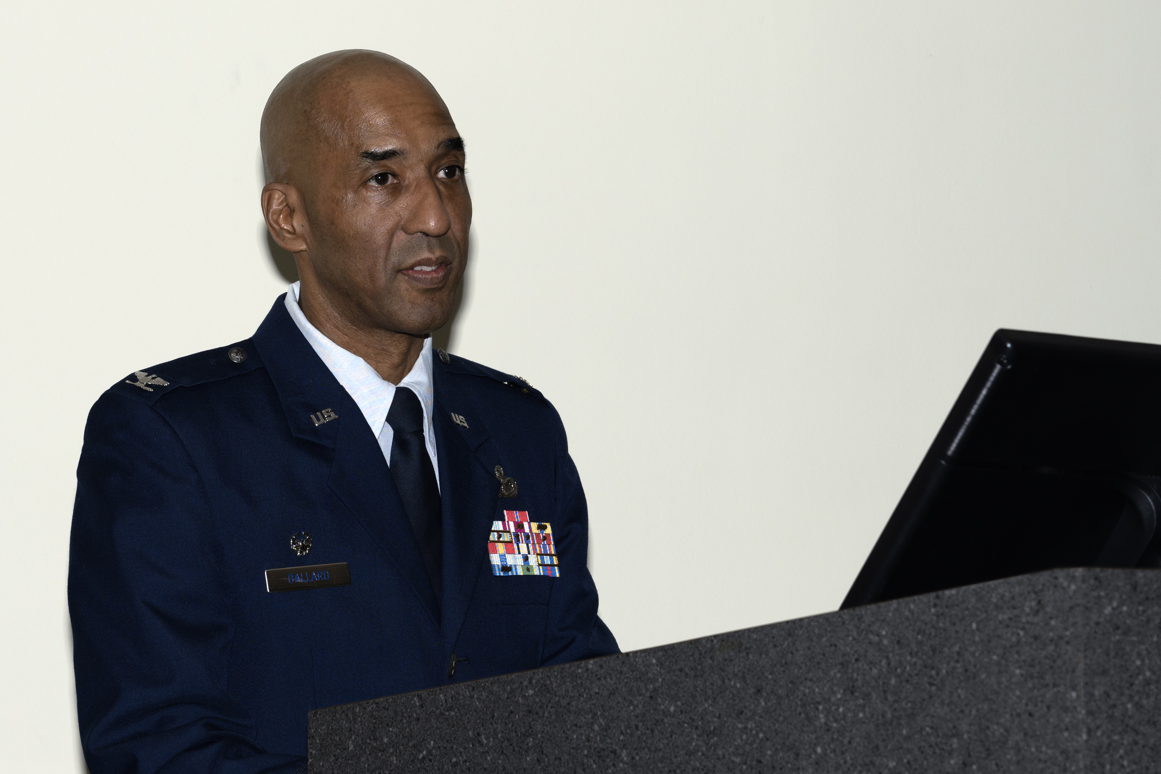 U.S. Air Force Col. and Air Force Office of Special Investigations 4th Field Investigations Region outgoing commander, speaks during the AFOSI 4th FIR change of command at Joint Base San Antonio-Randolph, Texas, Aug. 4, 2025. (U.S. Air Force photo by Kathryn R.C. Reaves.)