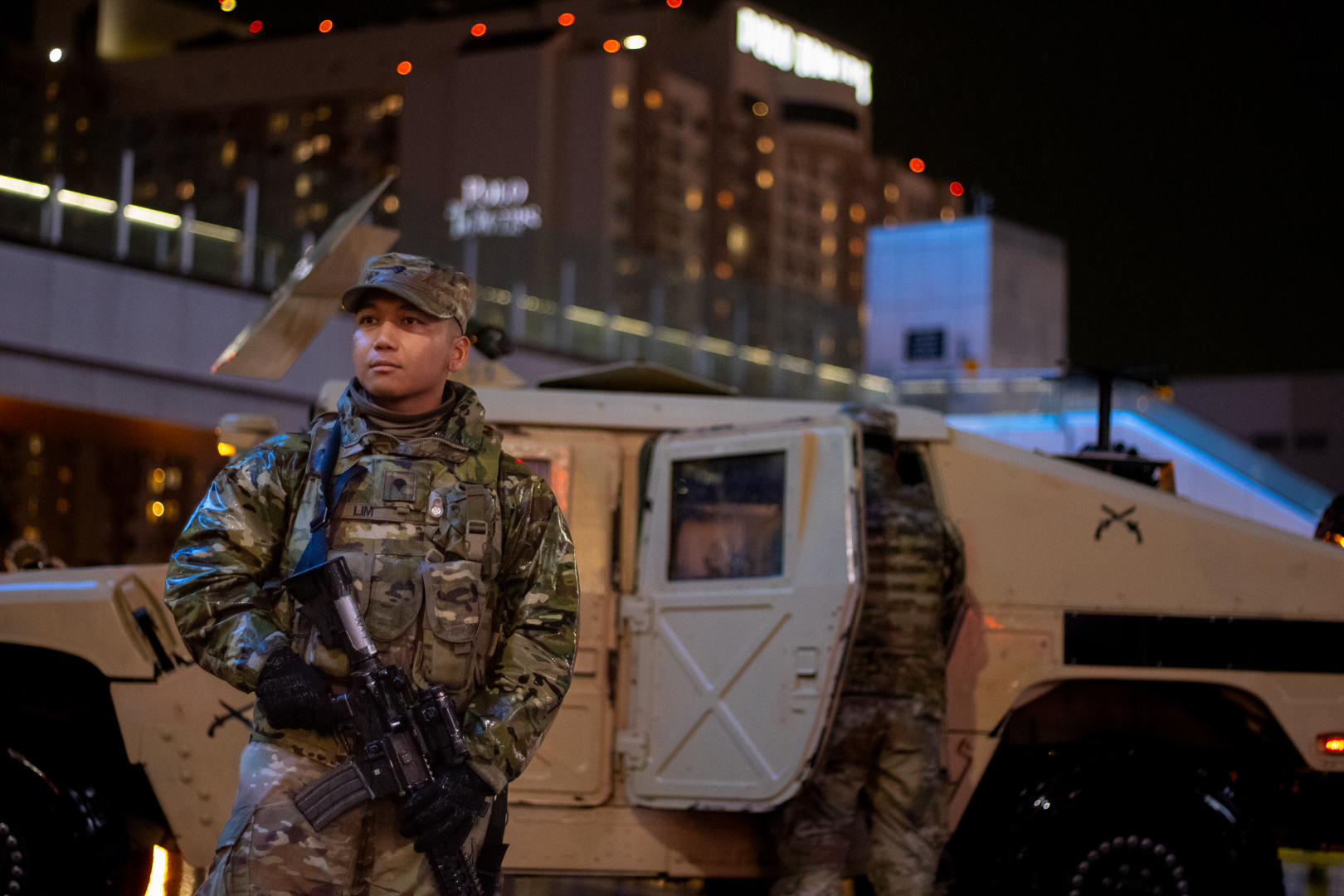 U.S. Army Spc. standing guard on the Las Vegas 'Strip' in Las Vegas, Nevada, Dec 31, 2025. For more than 25 years, the Nevada National Guard has supported New Year's Eve public safety operations, with roughly 190 Soldiers activated for this year's event. (U.S. Army National Guard photo by 1st Lt. Byronjames Crisostomo.)