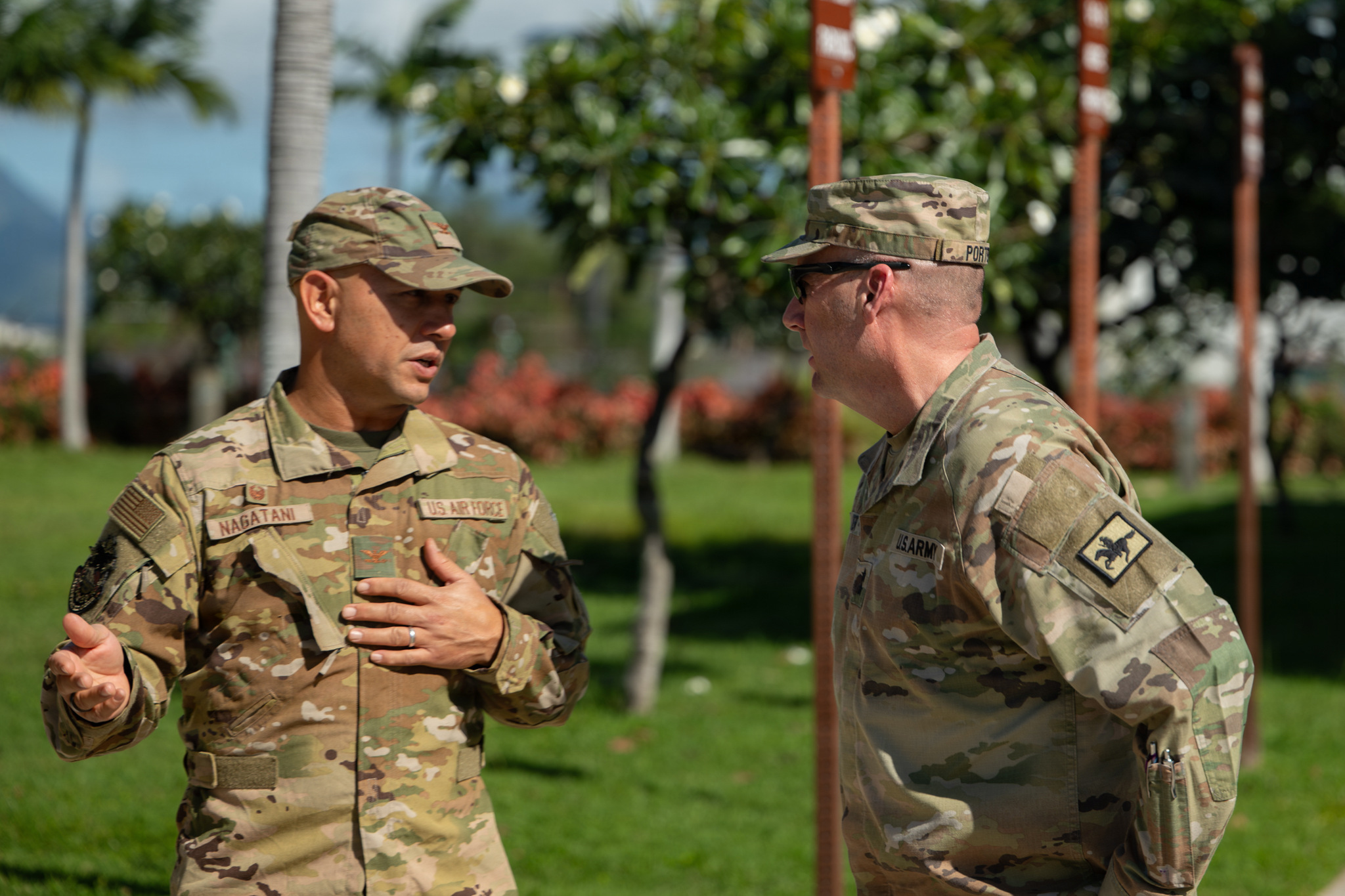 U.S. Army Major General and Adjutant General of the Wyoming National Guard, meets with U.S. Air Force Col. and 154th Wing Commander, Hawaii Air National Guard, during a visit of Sentry Aloha 26-1 at Joint Base Pearl Harbor-Hickam, Hawaii, Jan. 15, 2026. Sentry Aloha 26-1 is a recurring, large-scale training exercise designed to enhance readiness, interoperability and integration across U.S. and partner air forces. (U.S. Air National Guard photo by Senior Airman Michael Swingen.)