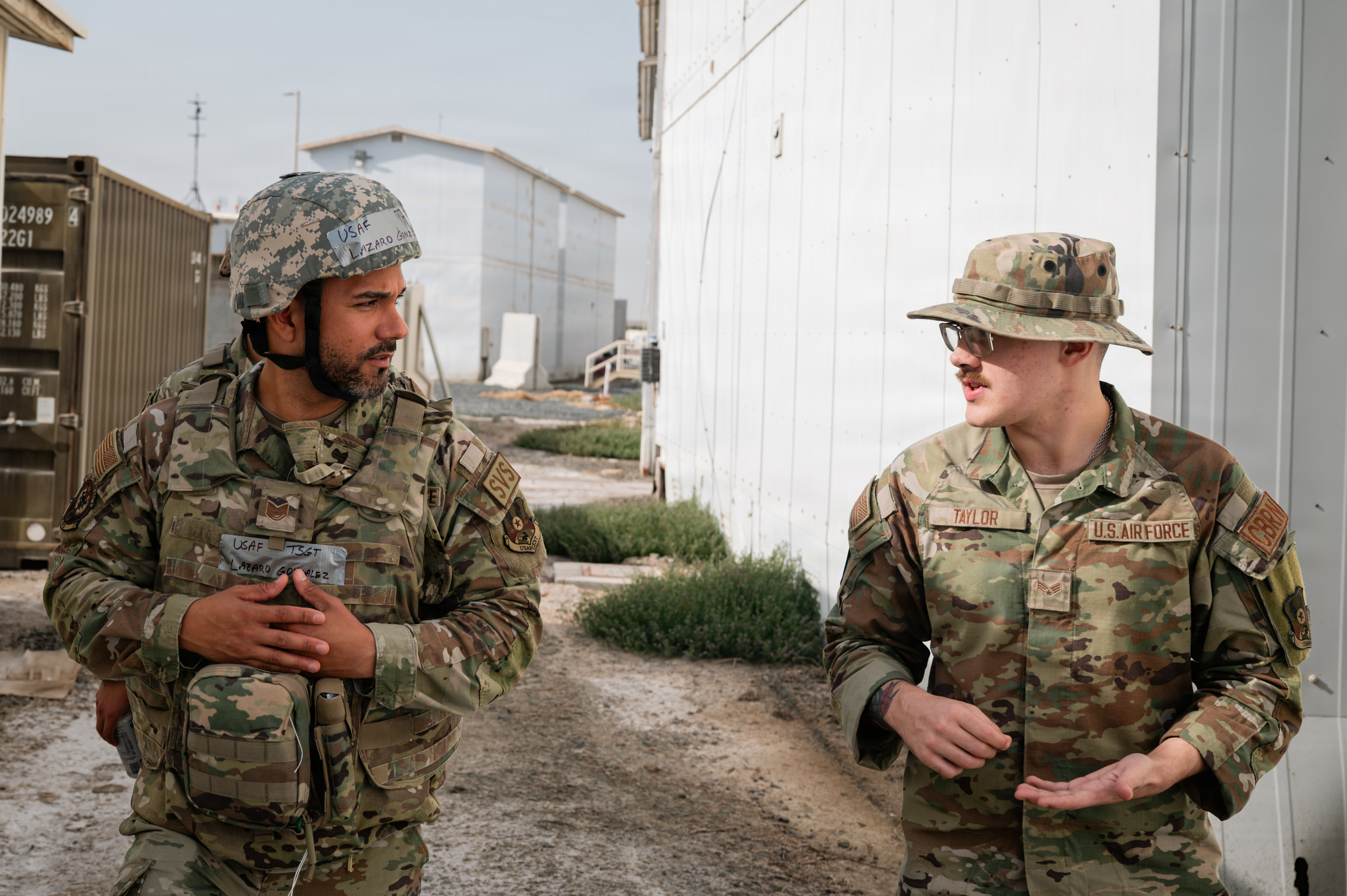 U.S. Air Force Tech. Sgt. 380th Maintain the Force Element Readiness and Mortuary Affairs noncommissioned officer in charge, left, speaks with Senior Airman 380th Emergency Management specialist, during an emergency actions refresher training in the U.S. Central Command area of responsibility, Jan. 23, 2026. Airmen deployed to CENTCOM train regularly to ensure they are ready to respond at a moment’s notice. (U.S. Air Force photo by Master Sgt. James Cason.)