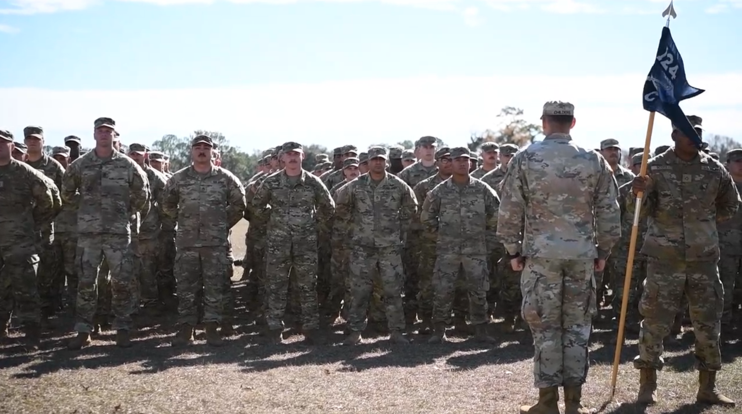 Camp Blanding Joint Training Center, Fla., Jan. 17, 2026 — Florida Army National Guard Soldiers assigned to the 2nd Battalion, 124th Infantry Regiment stand in formation during a departure ceremony at Camp Blanding Joint Training Center. (Video by Tech. Sgt. Cesar Cordero.)
