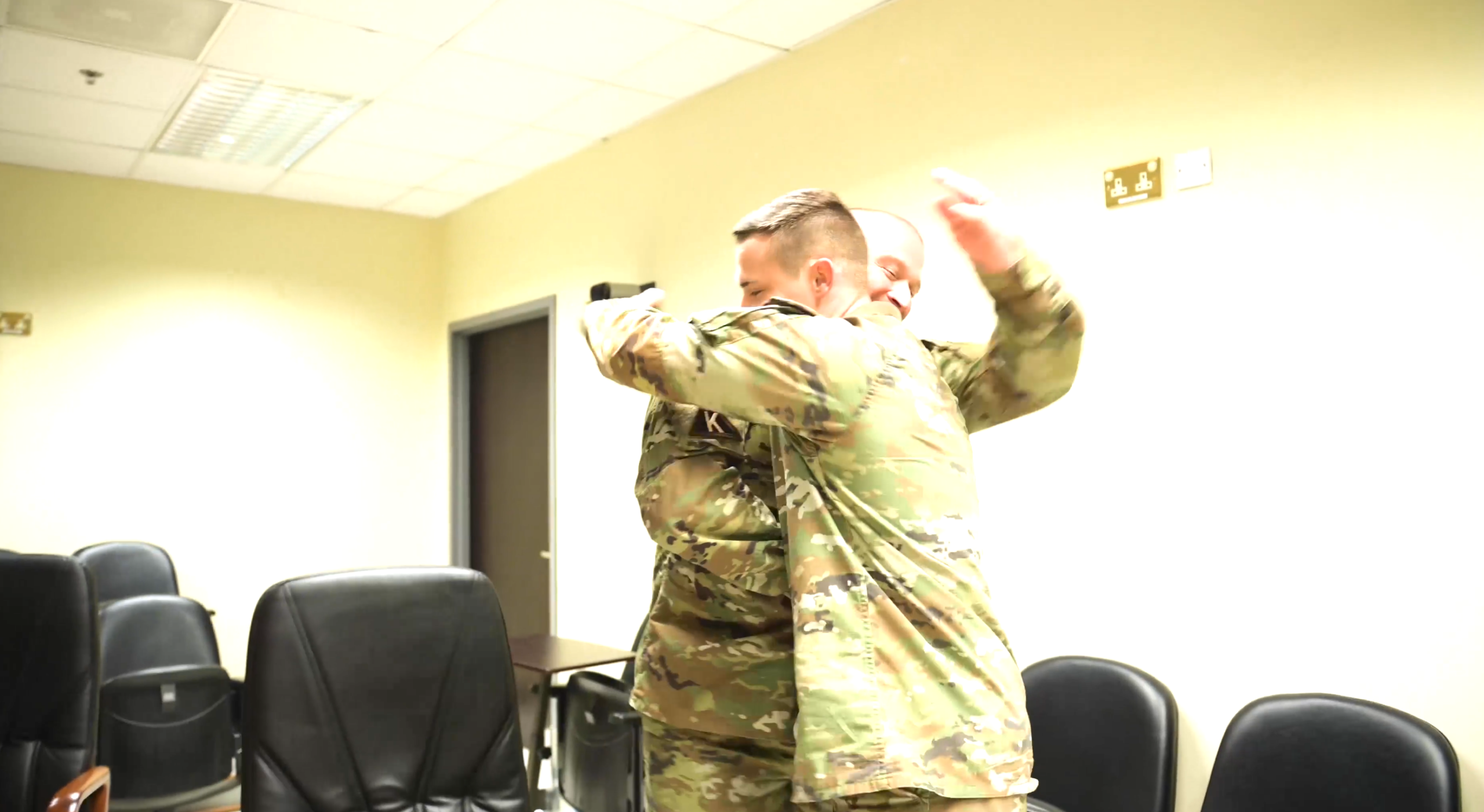 U.S. Air Force Staff Sgt., 379th Expeditionary Civil Engineer Squadron force protection, receives a call from the Vice Chief of Staff of the Air Force informing him of his selection for the Senior Leader Enlisted Commissioning Program through Officer Training School. (Video by Tech. Sgt. Devin Boyer.)